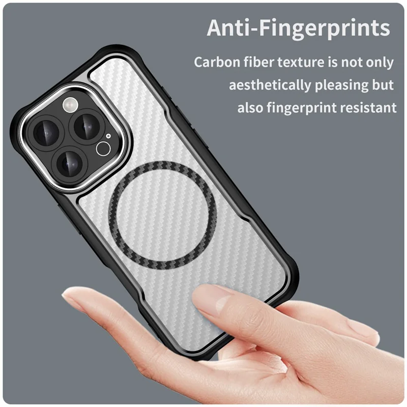 For iPhone 16 Pro Magnetic Case Carbon Fiber Texture Translucent TPU+PC Phone Cover - Black