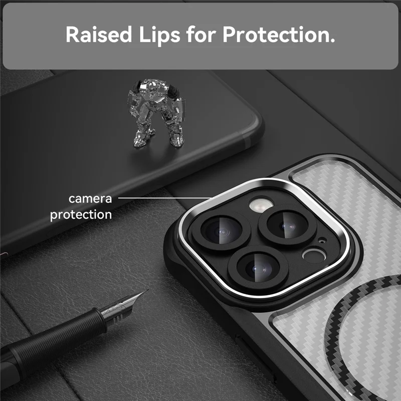 For iPhone 16 Pro Magnetic Case Carbon Fiber Texture Translucent TPU+PC Phone Cover - Black