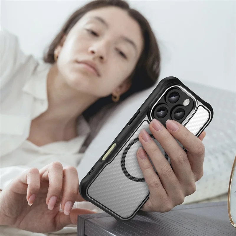 For iPhone 16 Pro Magnetic Case Carbon Fiber Texture Translucent TPU+PC Phone Cover - Black