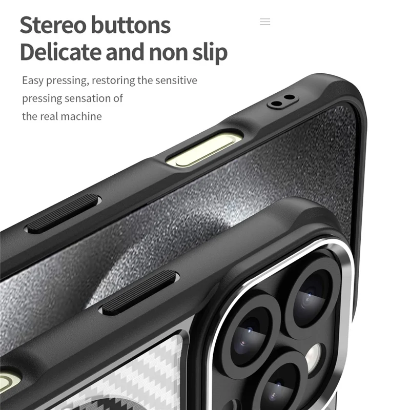 For iPhone 16 Pro Magnetic Case Carbon Fiber Texture Translucent TPU+PC Phone Cover - Black