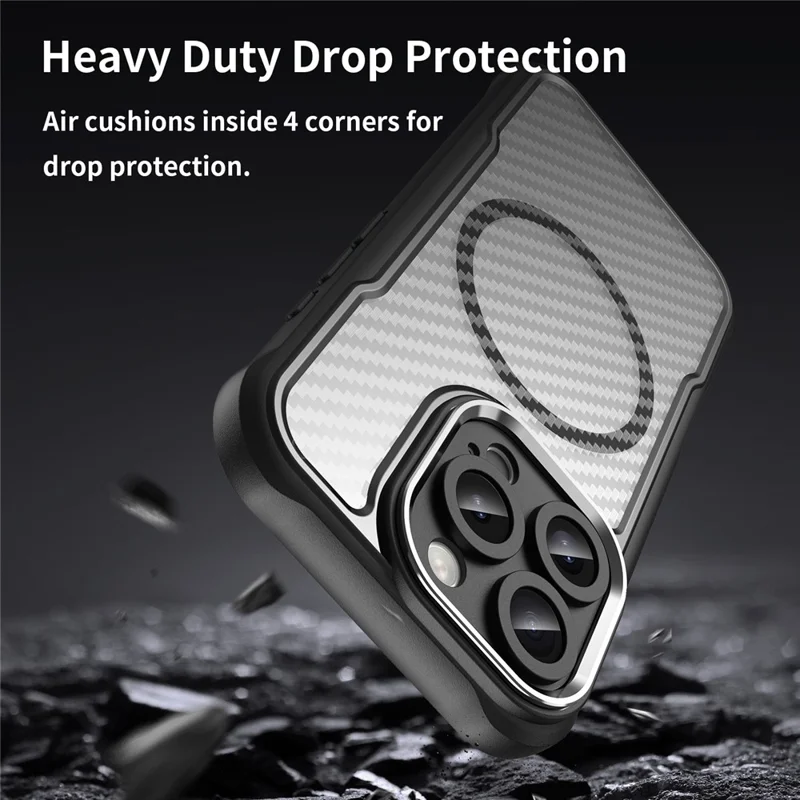 For iPhone 16 Pro Magnetic Case Carbon Fiber Texture Translucent TPU+PC Phone Cover - Black