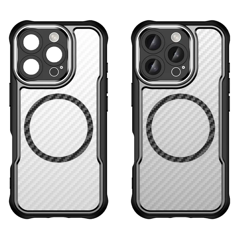 For iPhone 16 Pro Magnetic Case Carbon Fiber Texture Translucent TPU+PC Phone Cover - Black
