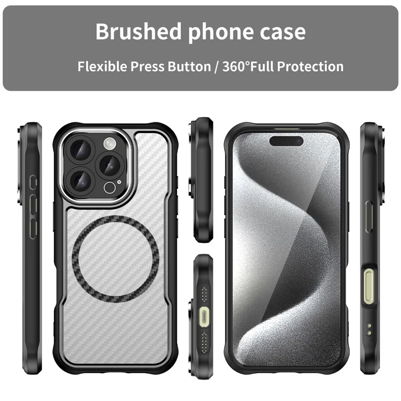 For iPhone 16 Pro Magnetic Case Carbon Fiber Texture Translucent TPU+PC Phone Cover - Black