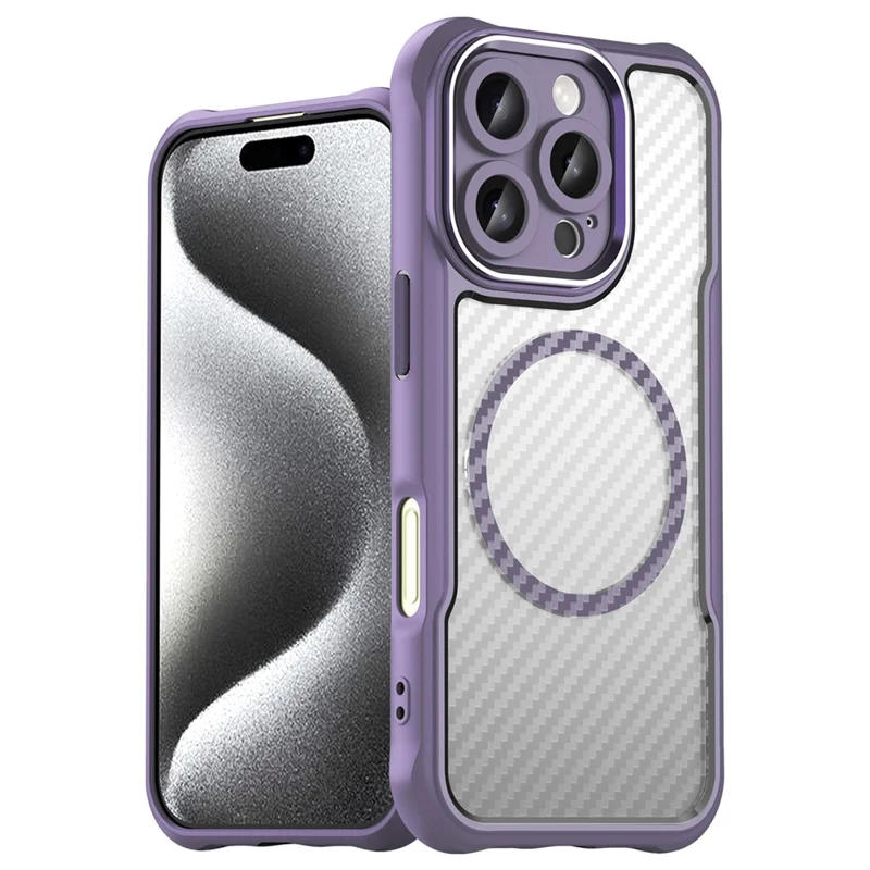 For iPhone 16 Pro Max Magnetic Case Carbon Fiber Texture TPU+PC Phone Cover - Purple