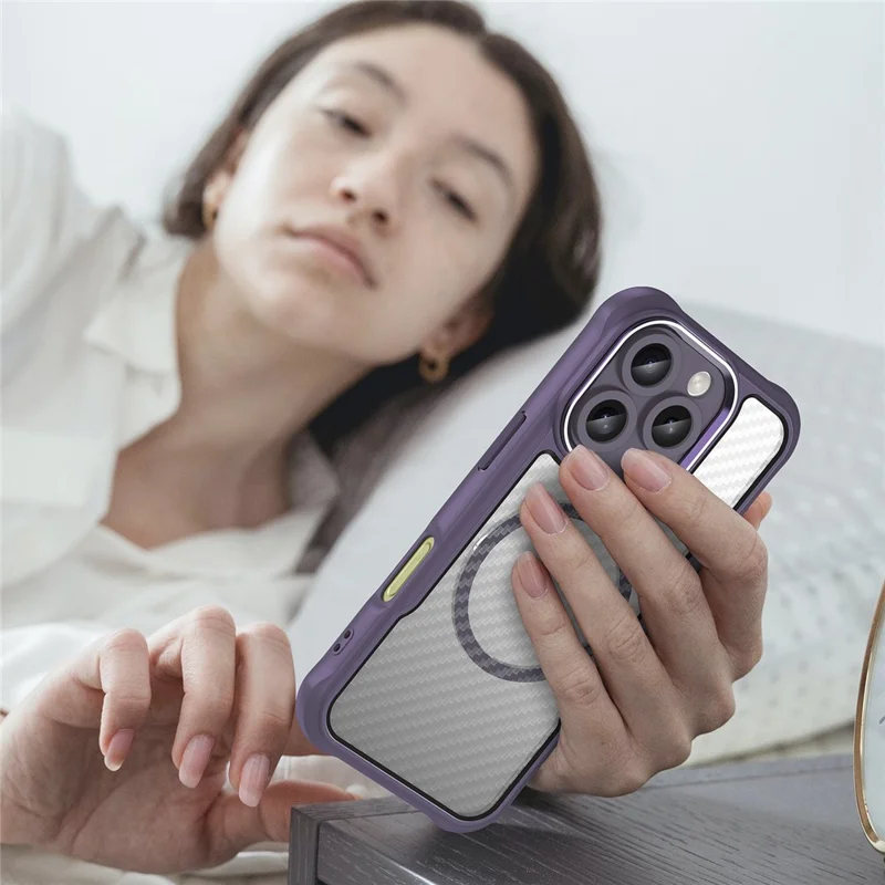 For iPhone 16 Pro Max Magnetic Case Carbon Fiber Texture TPU+PC Phone Cover - Purple