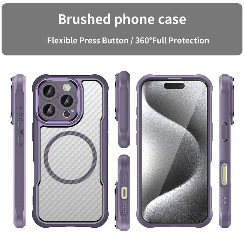 For iPhone 16 Pro Max Magnetic Case Carbon Fiber Texture TPU+PC Phone Cover - Purple