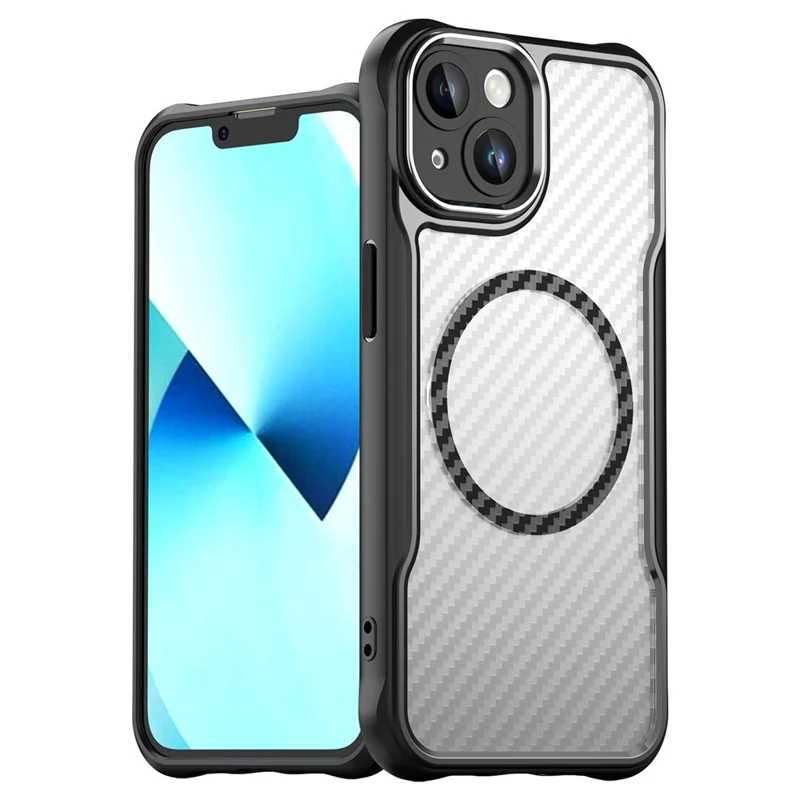 For iPhone 13 Magnetic Case Carbon Fiber Texture TPU+PC Phone Cover Compatible with MagSafe - Black
