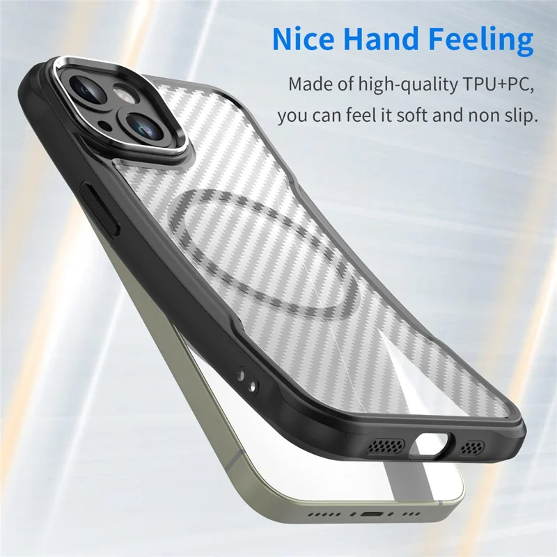 For iPhone 13 Magnetic Case Carbon Fiber Texture TPU+PC Phone Cover Compatible with MagSafe - Black
