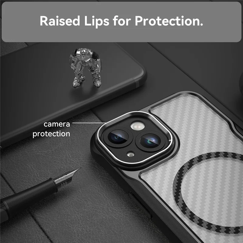 For iPhone 13 Magnetic Case Carbon Fiber Texture TPU+PC Phone Cover Compatible with MagSafe - Black