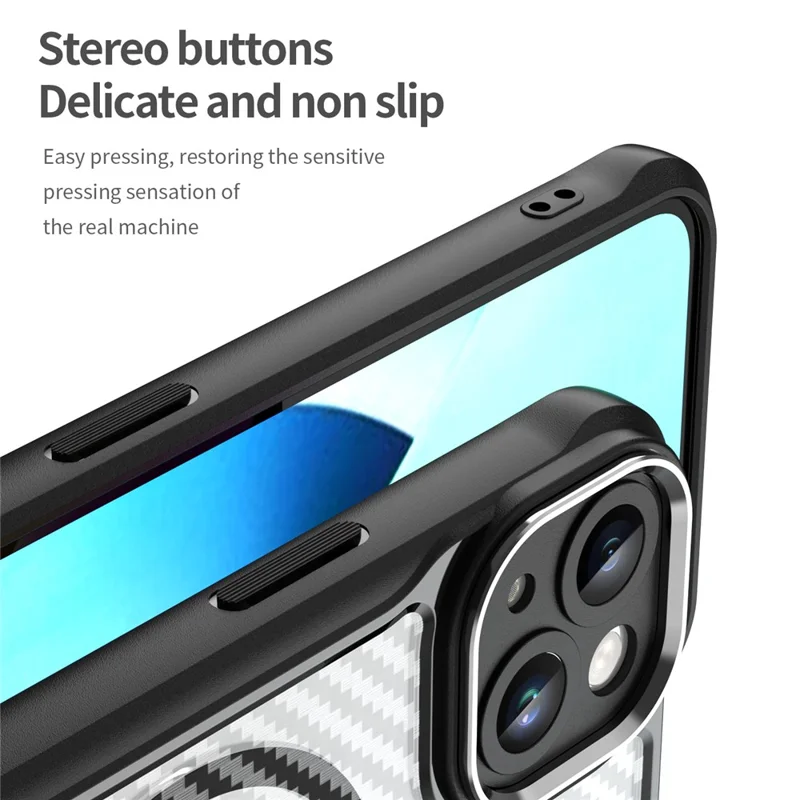 For iPhone 13 Magnetic Case Carbon Fiber Texture TPU+PC Phone Cover Compatible with MagSafe - Black