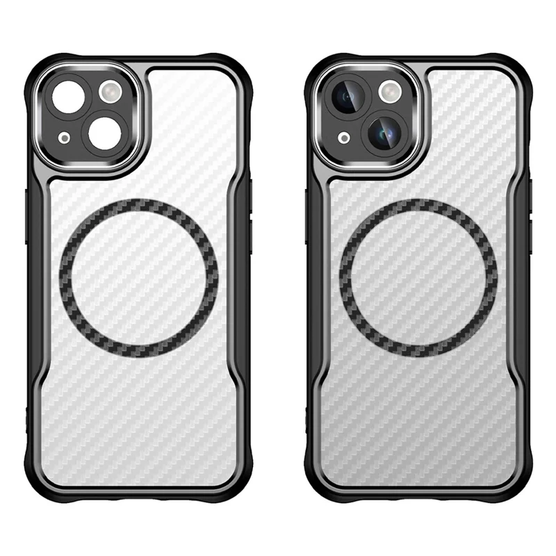 For iPhone 13 Magnetic Case Carbon Fiber Texture TPU+PC Phone Cover Compatible with MagSafe - Black