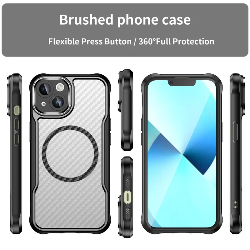 For iPhone 13 Magnetic Case Carbon Fiber Texture TPU+PC Phone Cover Compatible with MagSafe - Black