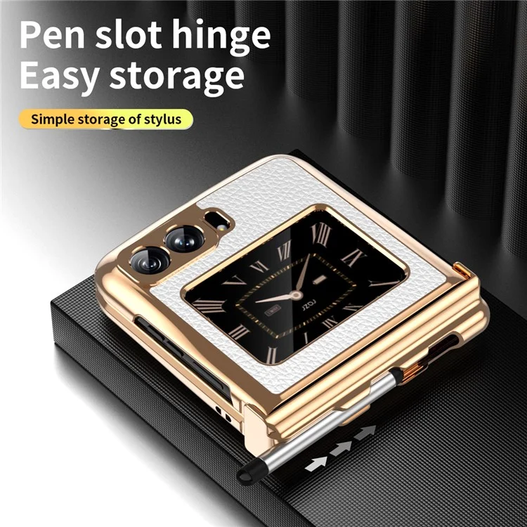 For Motorola Moto Razr 2022 5G Phone Case Shockproof Phone Cover Electroplating PU Leather + PC Phone Case with Pen - White