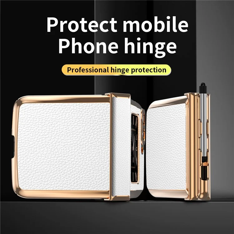 For Motorola Moto Razr 2022 5G Phone Case Shockproof Phone Cover Electroplating PU Leather + PC Phone Case with Pen - White
