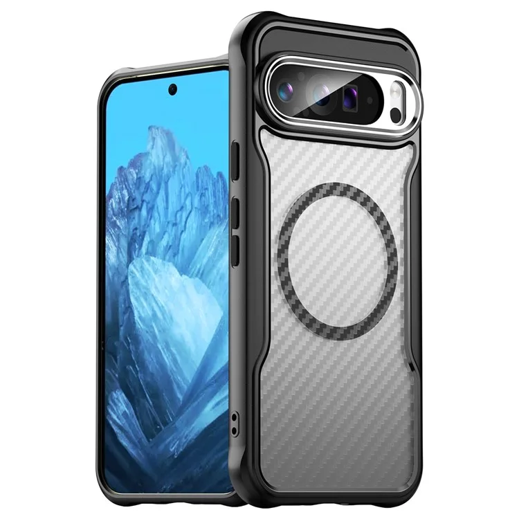 Para Google Pixel 9 Pro XL Magnetic Case Carbon Fiber Texture Translucent TPU+PC Phone Cover - Black