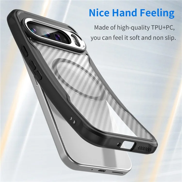 Para Google Pixel 9 Pro XL Magnetic Case Carbon Fiber Texture Translucent TPU+PC Phone Cover - Black