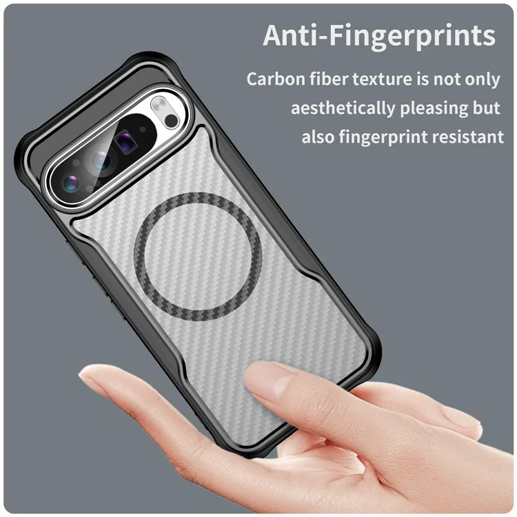 Para Google Pixel 9 Pro XL Magnetic Case Carbon Fiber Texture Translucent TPU+PC Phone Cover - Black