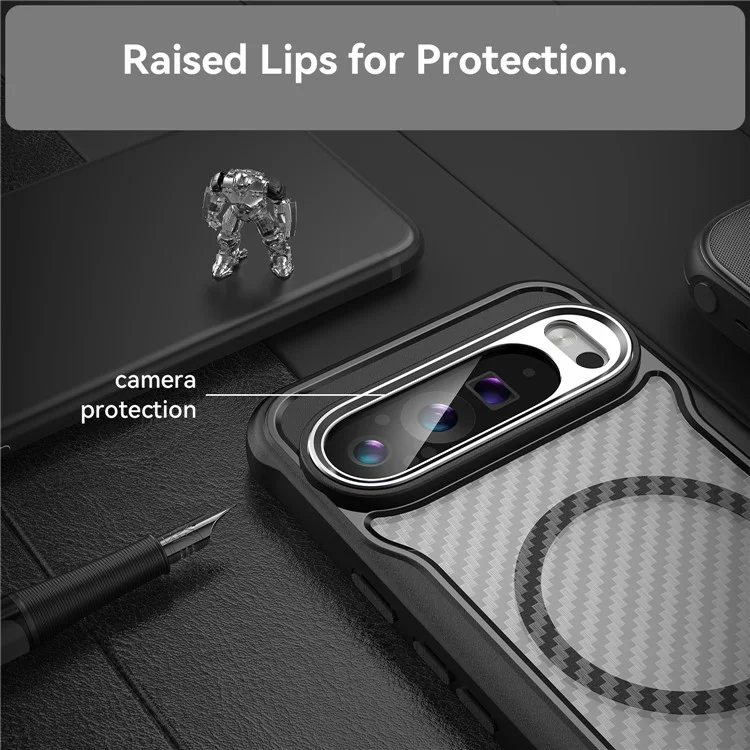 Para Google Pixel 9 Pro XL Magnetic Case Carbon Fiber Texture Translucent TPU+PC Phone Cover - Black