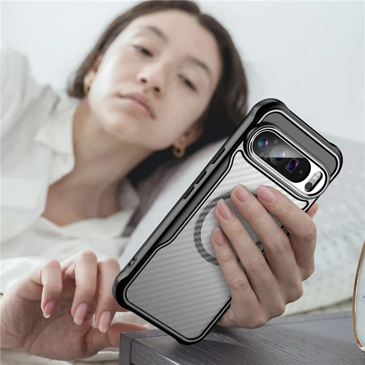 Para Google Pixel 9 Pro XL Magnetic Case Carbon Fiber Texture Translucent TPU+PC Phone Cover - Black