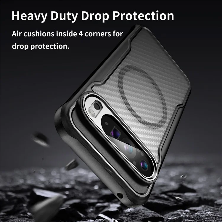 Para Google Pixel 9 Pro XL Magnetic Case Carbon Fiber Texture Translucent TPU+PC Phone Cover - Black