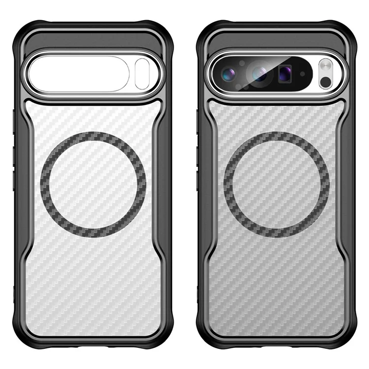 Para Google Pixel 9 Pro XL Magnetic Case Carbon Fiber Texture Translucent TPU+PC Phone Cover - Black