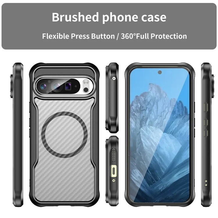 Para Google Pixel 9 Pro XL Magnetic Case Carbon Fiber Texture Translucent TPU+PC Phone Cover - Black