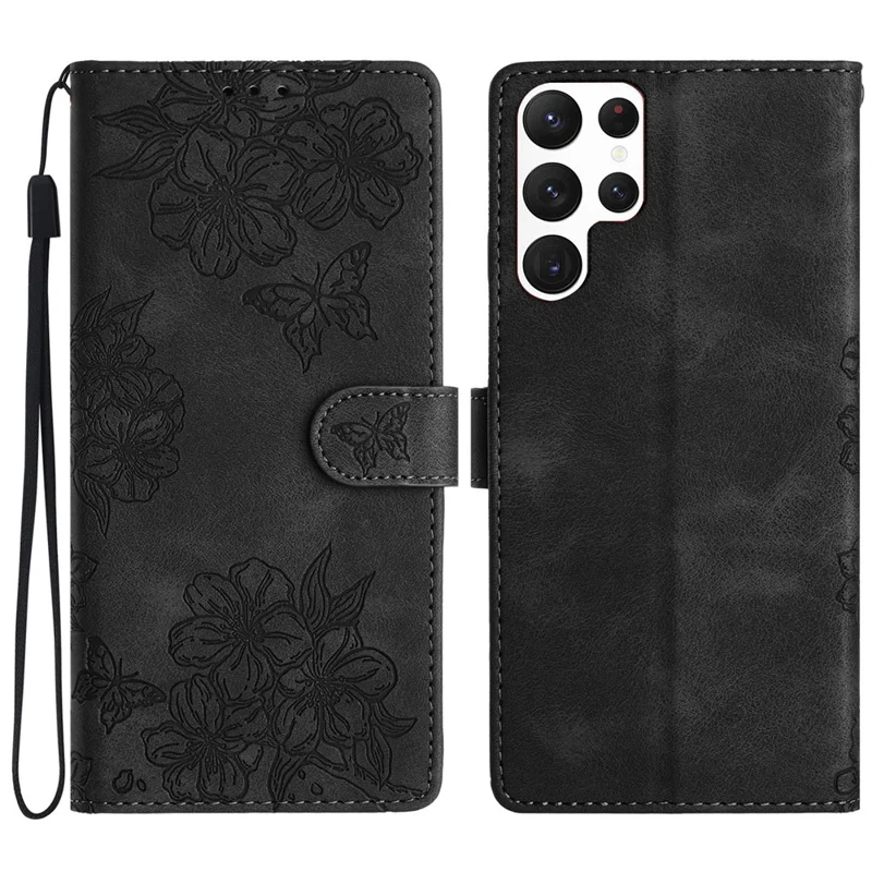 For Samsung Galaxy S22 Ultra 5G Wholesale Phone Stand Case Imprinted PU Leather Phone Cover - Black
