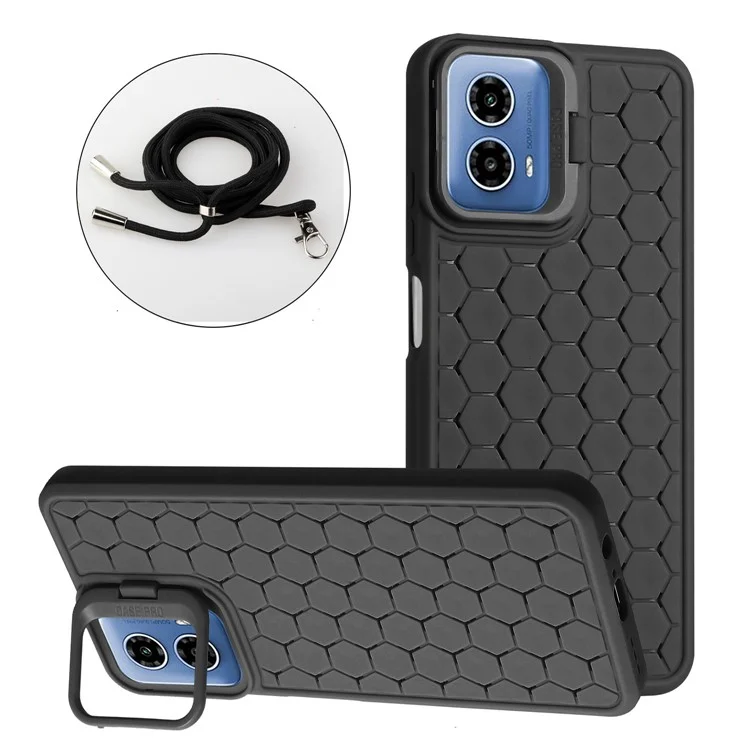 Für Motorola Moto G45 5G / G34 5G Case TPU Handyhülle mit Ständer und Schlüsselband - Schwarz