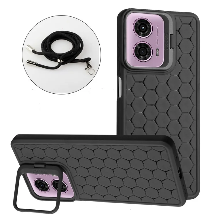 For Motorola Moto E14 4G / G04 4G / G04s 4G / G24 4G Case Heat Dissipation Kickstand TPU Phone Cover with Lanyard - Black