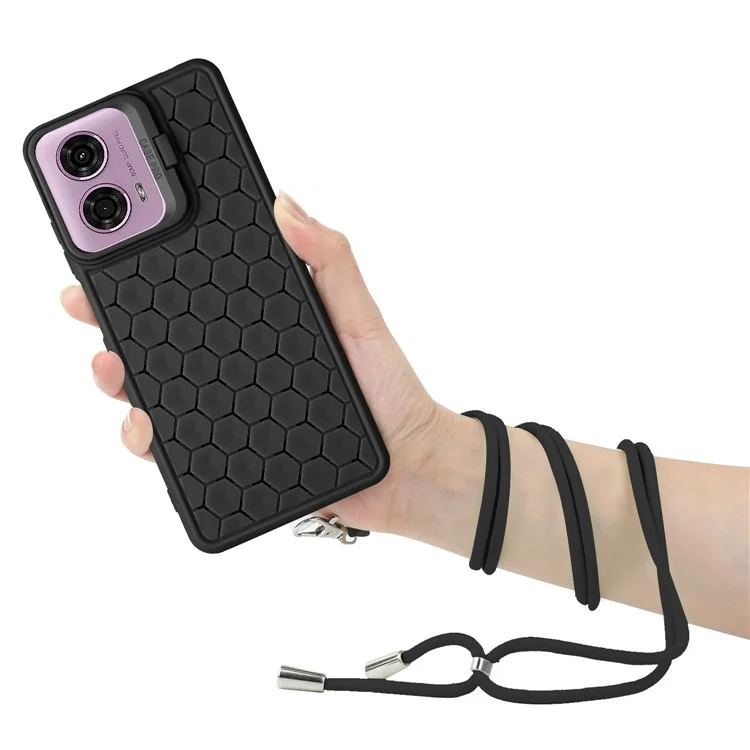 For Motorola Moto E14 4G / G04 4G / G04s 4G / G24 4G Case Heat Dissipation Kickstand TPU Phone Cover with Lanyard - Black