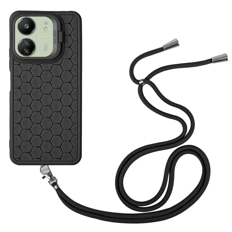 For Xiaomi Redmi 13C 4G / 5G / 13R 5G / Poco C65 4G / M6 5G Case with Lanyard TPU Phone Cover Heat Dissipation Built-In Kickstand - Black