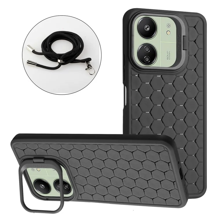 For Xiaomi Redmi 13C 4G / 5G / 13R 5G / Poco C65 4G / M6 5G Case with Lanyard TPU Phone Cover Heat Dissipation Built-In Kickstand - Black