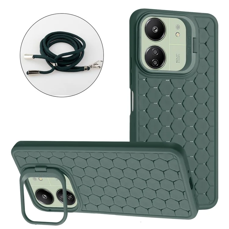For Xiaomi Redmi 13C 4G / 5G / 13R 5G / Poco C65 4G / M6 5G Case with Lanyard TPU Phone Cover Heat Dissipation Built-In Kickstand - Army Green