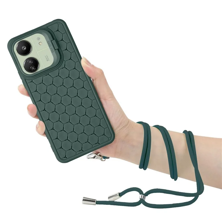 For Xiaomi Redmi 13C 4G / 5G / 13R 5G / Poco C65 4G / M6 5G Case with Lanyard TPU Phone Cover Heat Dissipation Built-In Kickstand - Army Green