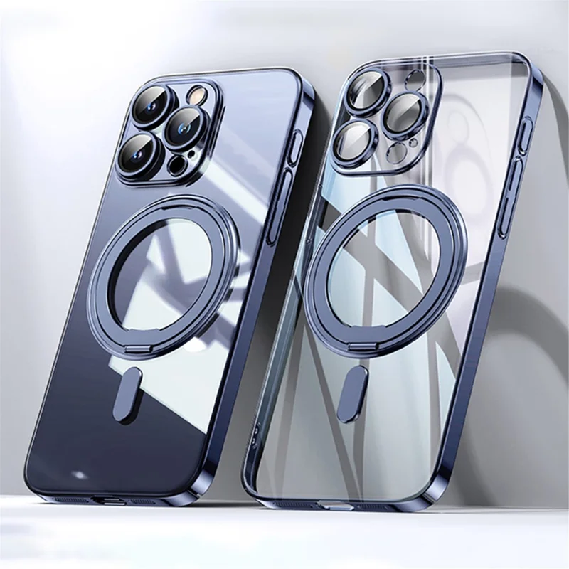 For iPhone 15 Pro Max Magnetic Case Rotatable Ring Kickstand PC+TPU Phone Cover with Lens Film - Blue