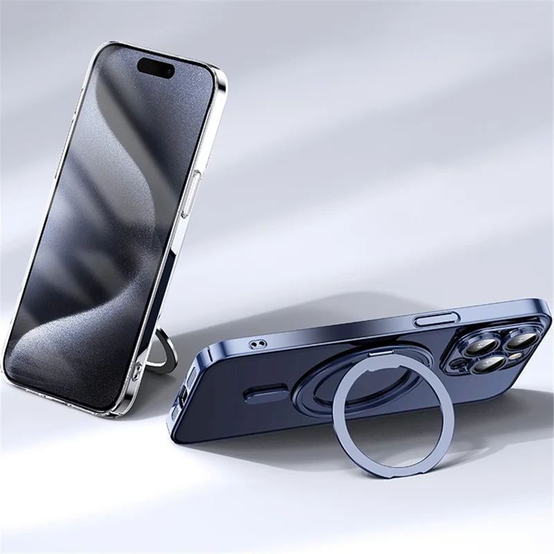 For iPhone 15 Pro Max Magnetic Case Rotatable Ring Kickstand PC+TPU Phone Cover with Lens Film - Blue
