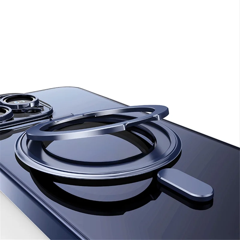 For iPhone 15 Pro Max Magnetic Case Rotatable Ring Kickstand PC+TPU Phone Cover with Lens Film - Blue