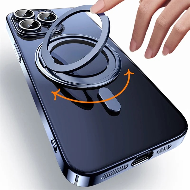 For iPhone 15 Pro Max Magnetic Case Rotatable Ring Kickstand PC+TPU Phone Cover with Lens Film - Blue