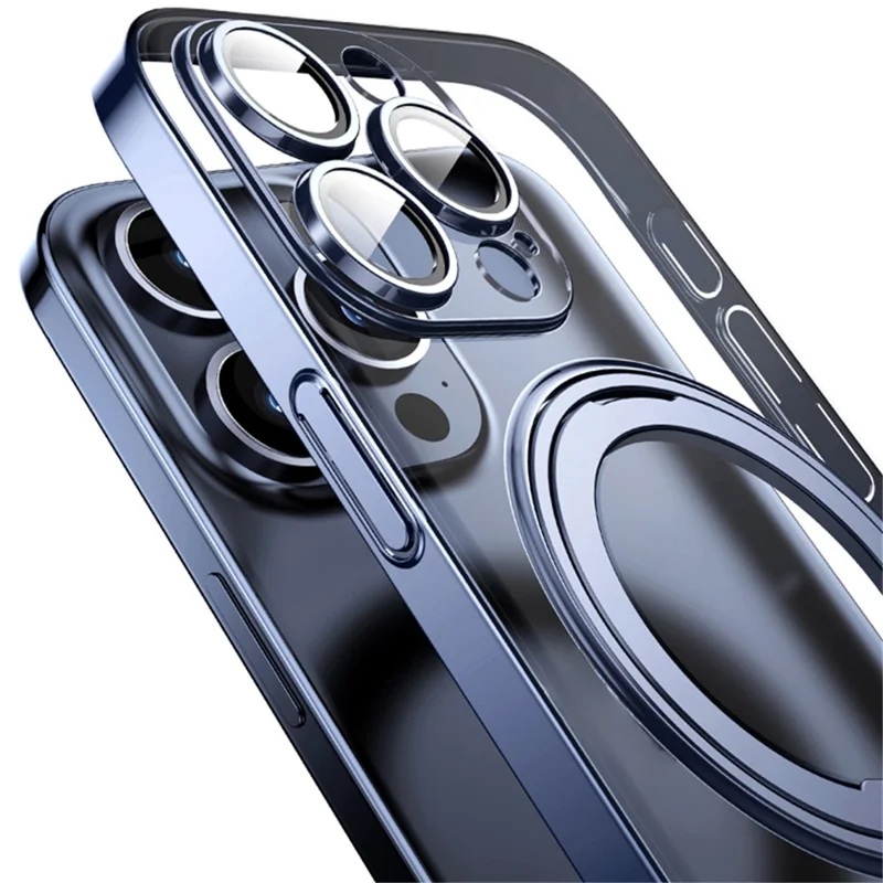 For iPhone 15 Pro Max Magnetic Case Rotatable Ring Kickstand PC+TPU Phone Cover with Lens Film - Blue