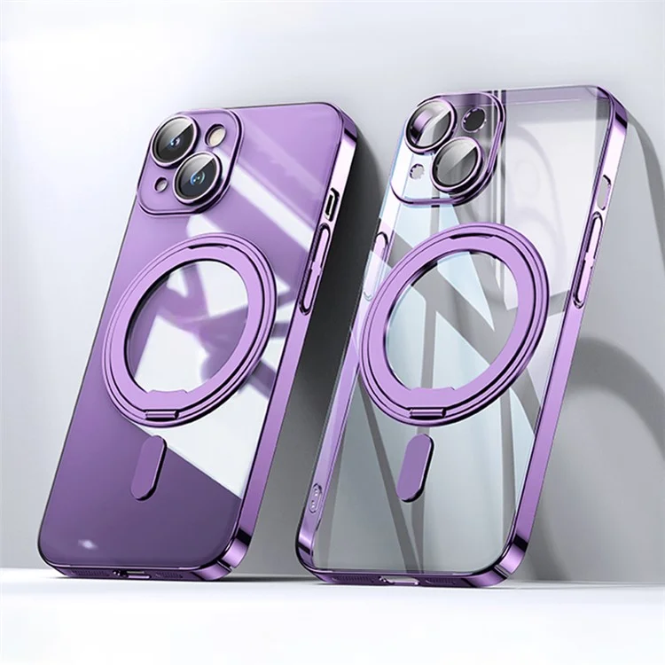 Pour iPhone 14 Plus Magnetic Case Rotatable Kickstand PC+TPU Phone Cover Built-In Lens Film - Purple