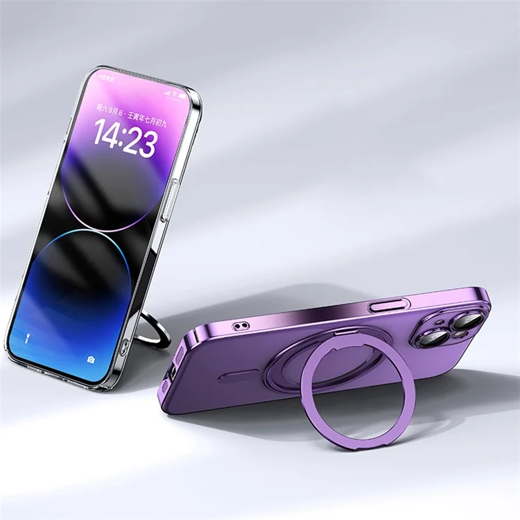 Pour iPhone 14 Plus Magnetic Case Rotatable Kickstand PC+TPU Phone Cover Built-In Lens Film - Purple