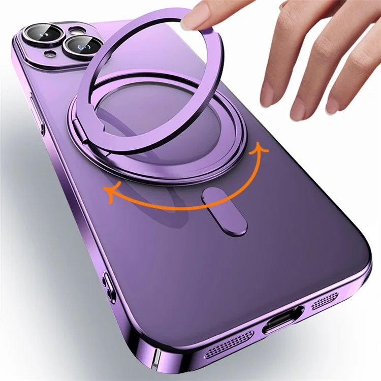 Pour iPhone 14 Plus Magnetic Case Rotatable Kickstand PC+TPU Phone Cover Built-In Lens Film - Purple