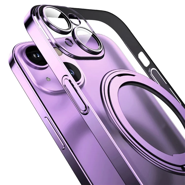Pour iPhone 14 Plus Magnetic Case Rotatable Kickstand PC+TPU Phone Cover Built-In Lens Film - Purple