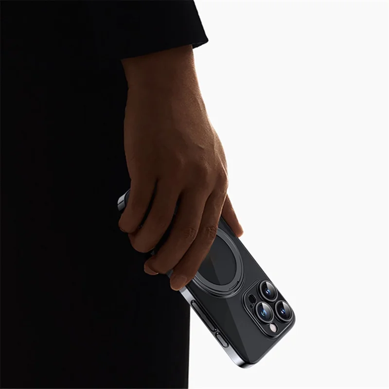 For iPhone 13 Pro Max Magnetic Case Ring Kickstand Lens Film PC+TPU Phone Cover - Black