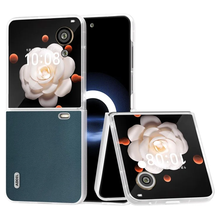 ABEEL For Honor Magic V Flip 5G Case Clear Matte Edge Genuine Cow Leather+PC Phone Shell - Green