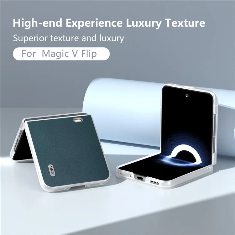 ABEEL For Honor Magic V Flip 5G Case Clear Matte Edge Genuine Cow Leather+PC Phone Shell - Green
