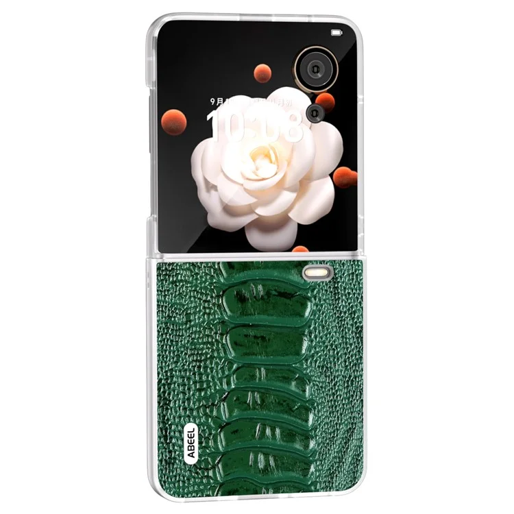 ABEEL For Honor Magic V Flip 5G Case Matte Frame Genuine Cow Leather+PC Phone Cover - Verde