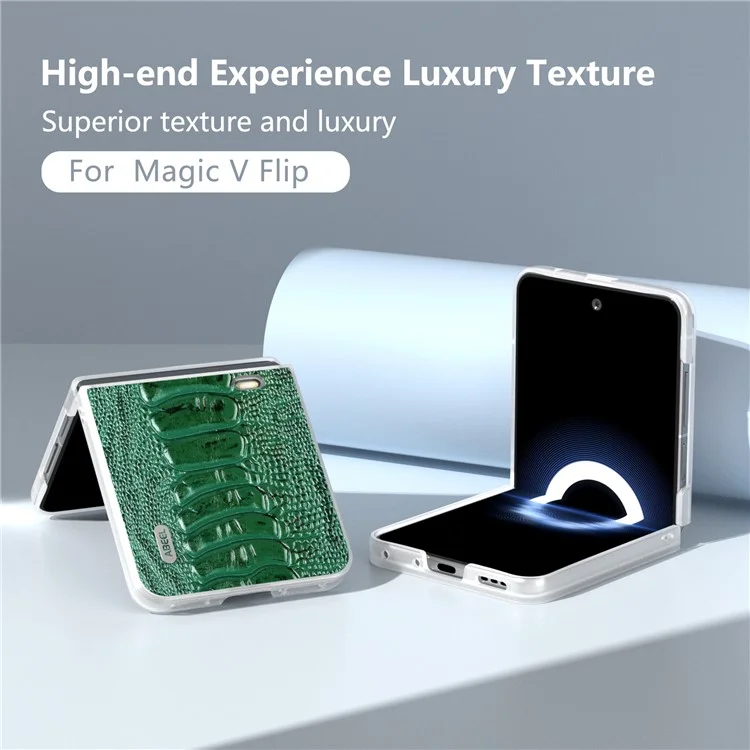 ABEEL For Honor Magic V Flip 5G Case Matte Frame Genuine Cow Leather+PC Phone Cover - Verde