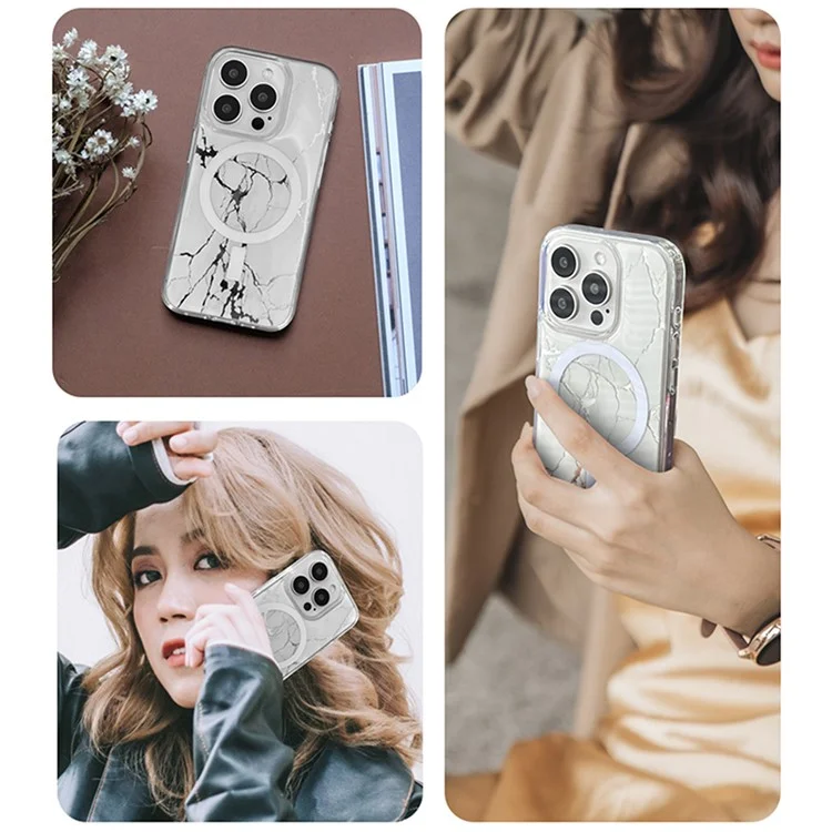 JAUCASE Para iPhone 14 Pro Epoxy Crack Pattern Case Superfície de Espelho PC+TPU Capa de Telefone Compatível com MagSafe - Branco