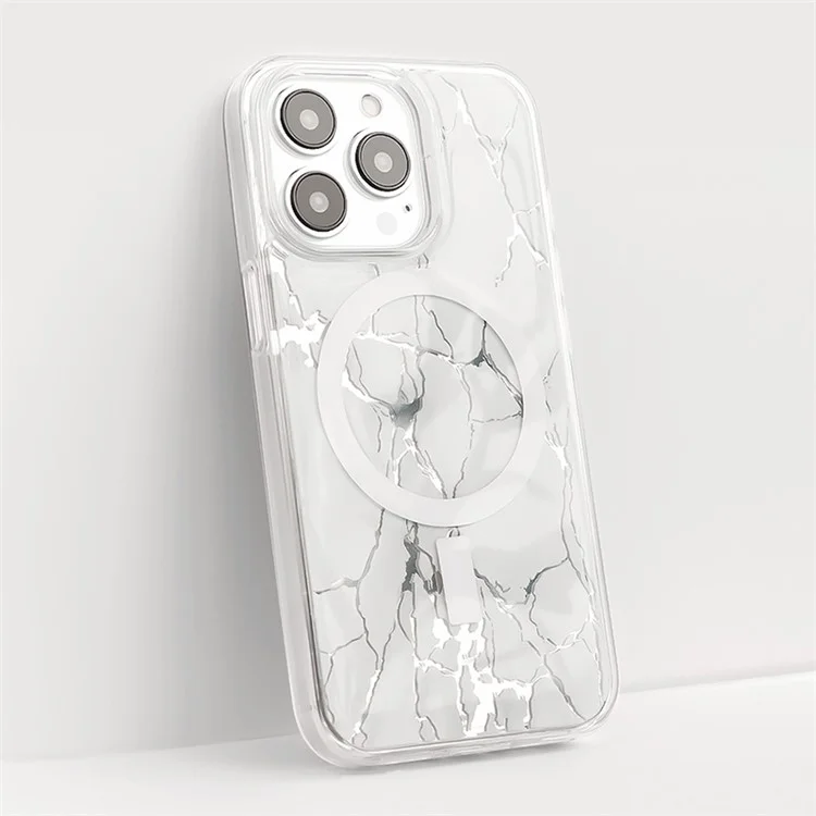 JAUCASE For iPhone 14 Pro Max Epoxy Crack Pattern Case Mirror Surface PC+TPU Phone Cover Compatible with MagSafe - White